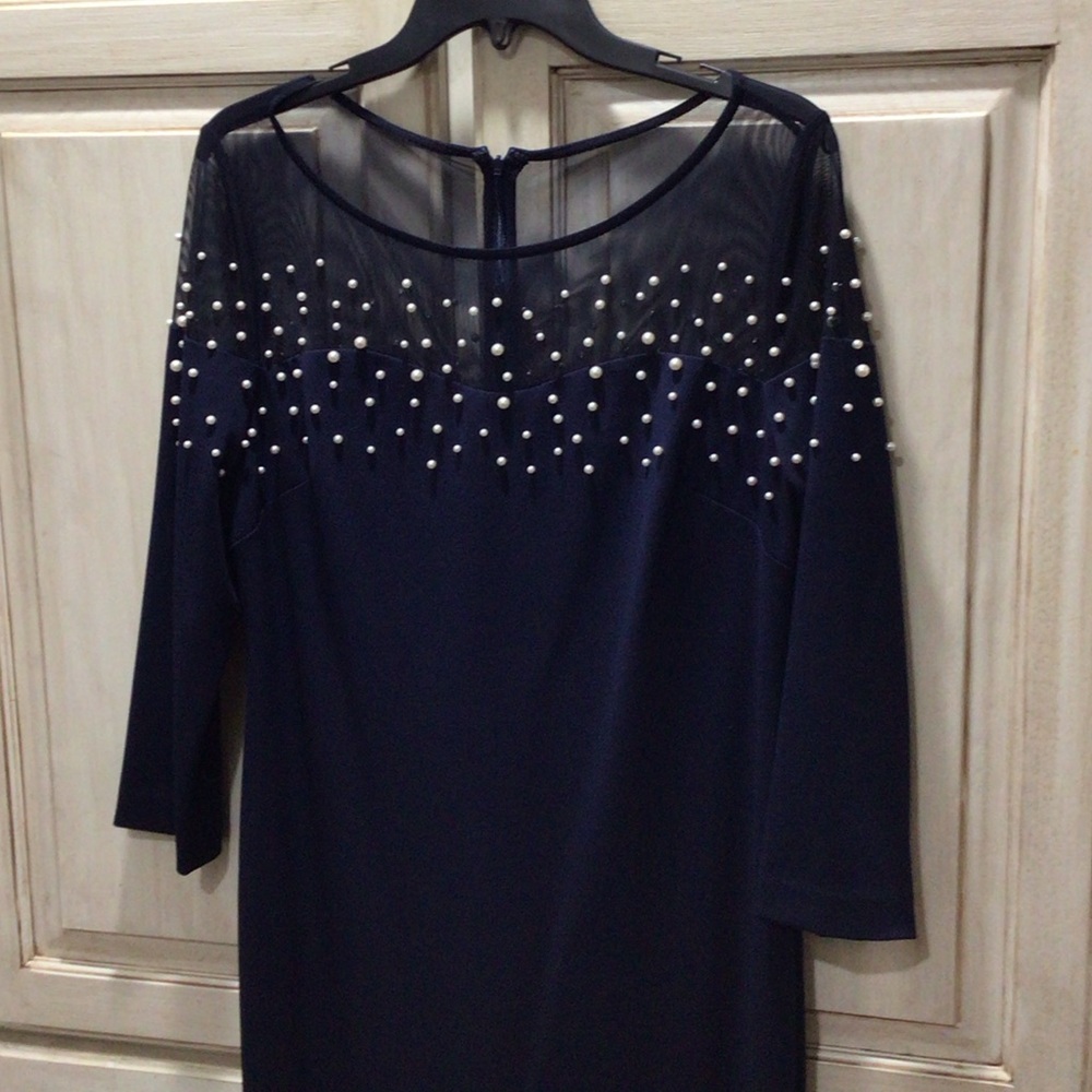 Karl Lagerfield Elegant Navy Blue Dress with Pearl Embellishments